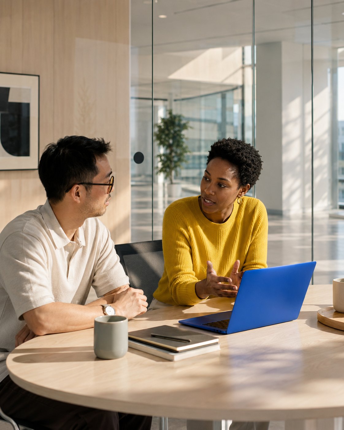 Two colleagues collaborating in a glass campus meeting room